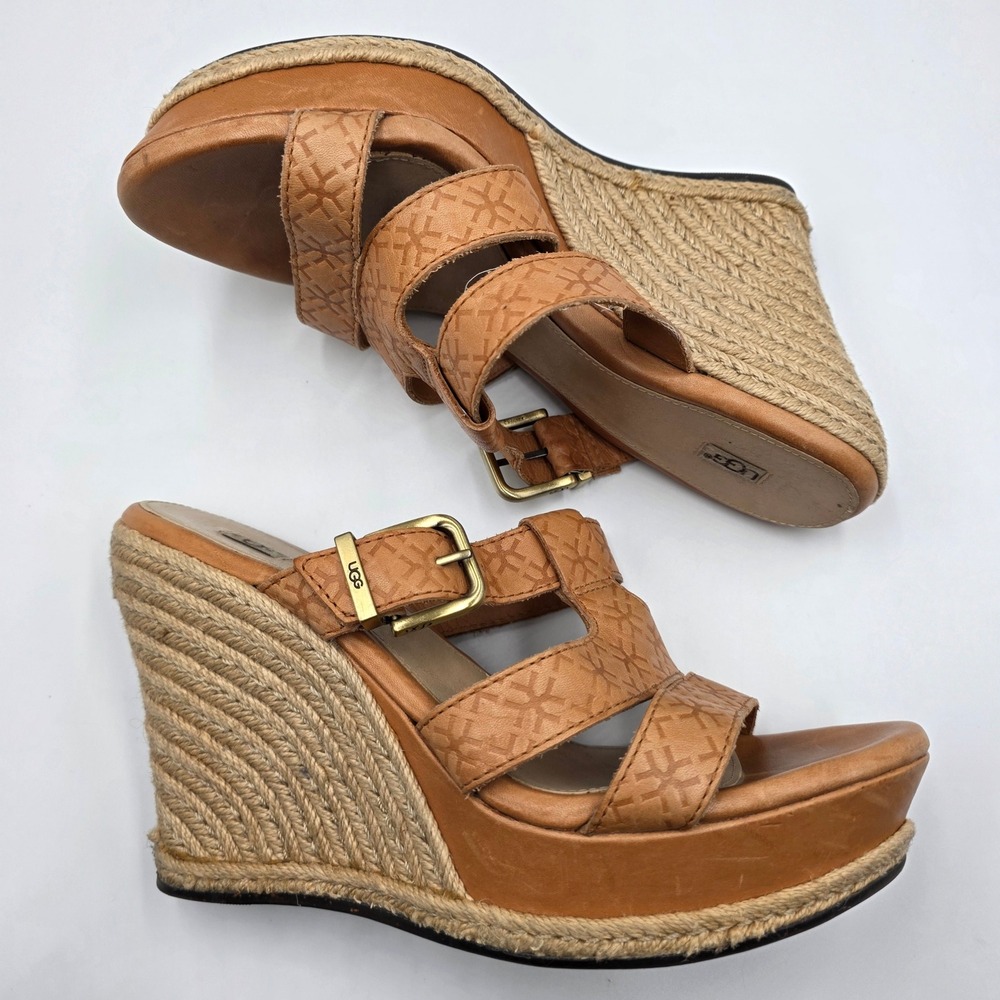 UGG Lucianna Tan Leather Espadrille Wedge Sandals Womens 9.5